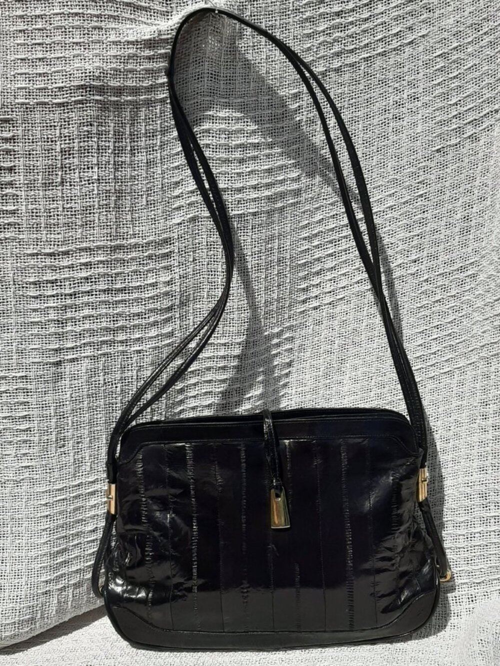 Elegant Dark Navy Eel Skin Bag with Shoulder Strap Vintage 80s  12" x 9" x 3"
